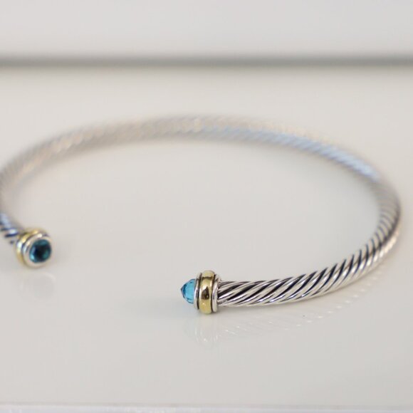 David Yurman 4mm Sterling Silver Hampton Blue Topaz & 18K Gold Cable Bracelet - Picture 4 of 7